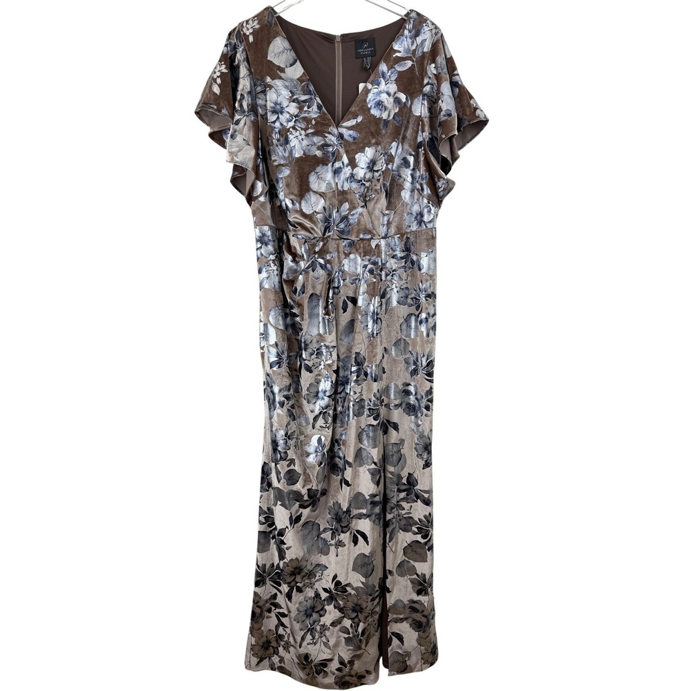 NEW Adrianna Papell FOIL Velvet Floral Maxi Dress GOWN Women 16W Taupe Burnout - Picture 2 of 13